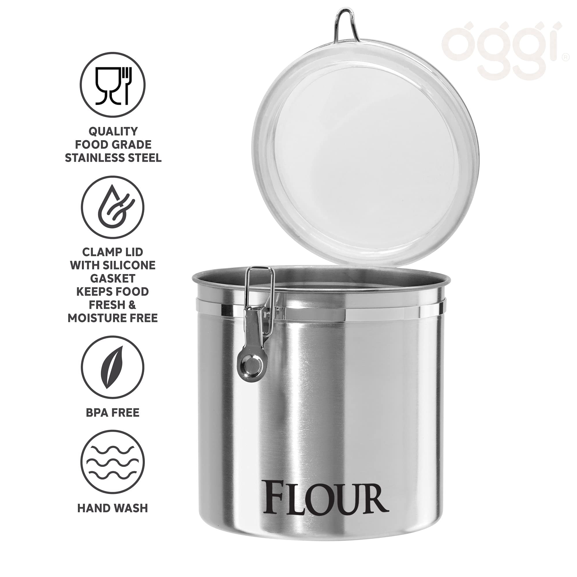 Oggi Jumbo 8" Stainless Steel Flour Clamp Canister - Airtight Food Storage Container Ideal for Kitchen & Pantry Storage of Flour or other Bulk, Dry Foods.