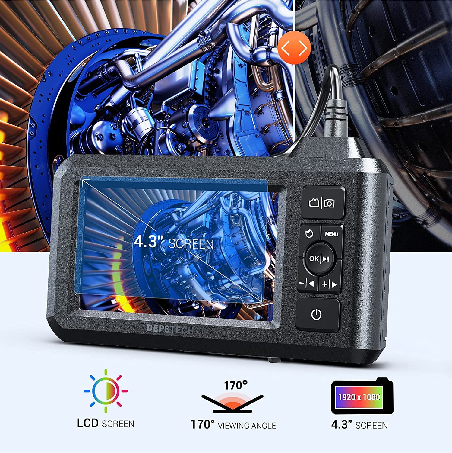 DEPSTECH Dual Lens Industrial Endoscope, Borescope Inspection Sewer Camera  with 4.3" LCD Screen, LED Lights, 32GB Card