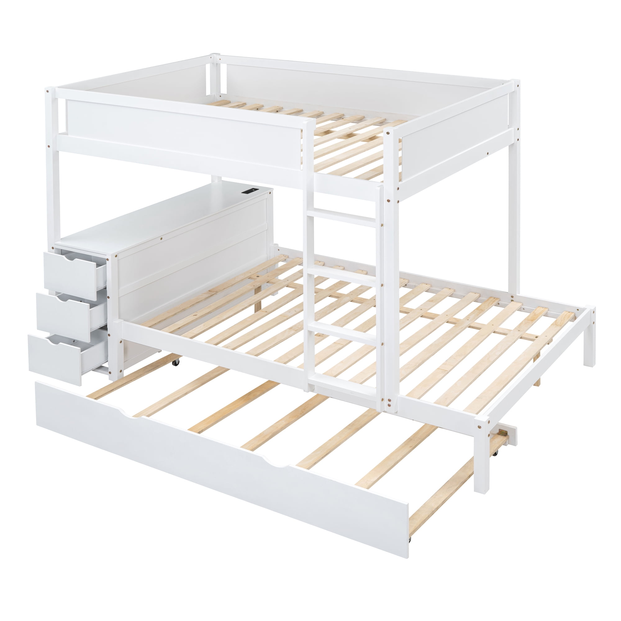 Full-Over-Full Bunk Bed with Twin size Trundle and 3 Storage Drawers, Solid Wood Floor Bunk Bed with Desk, Ladder and Guardrails for Kids Teens Adults
