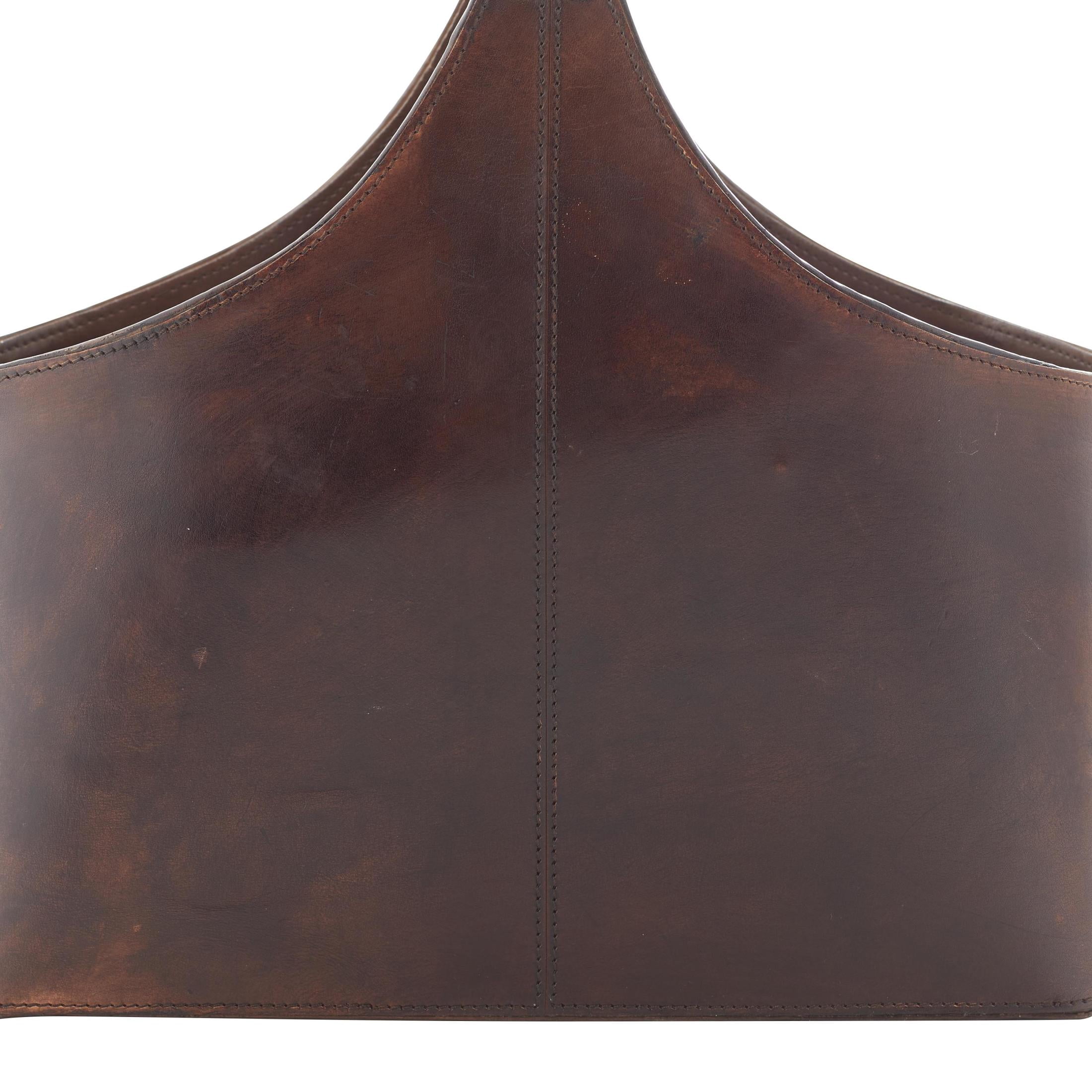 DecMode 15" Dark Brown Leather Handmade Box Style Magazine Holder with Detail Stitching and Curved Buckle Handle