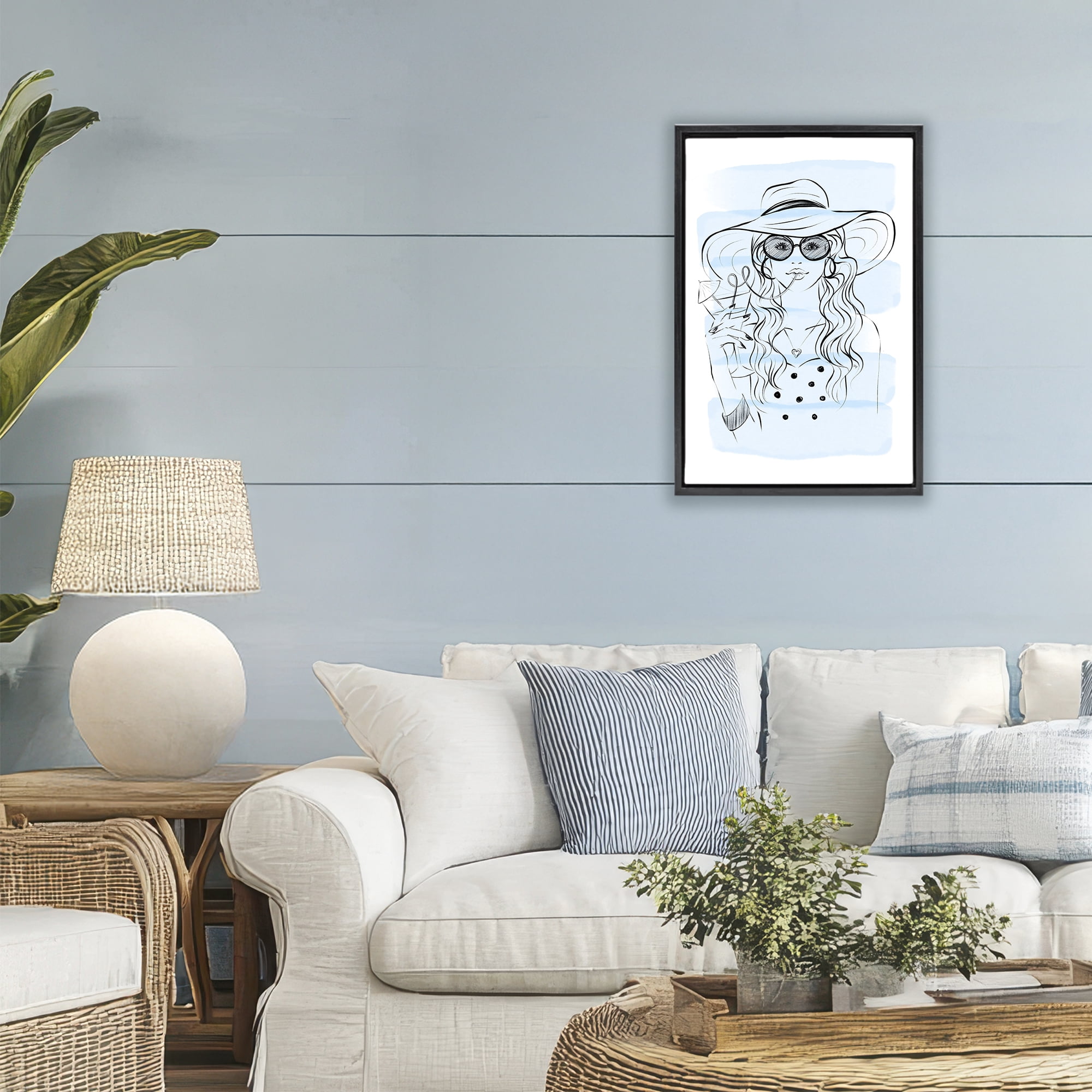 Stupell Industries Sipping Drink Girl in Sun Hat Black Framed Floater Canvas Wall Art, design by Martina Pavlova