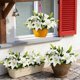 thumbnail image 5 of Ramo de flores artificiales blancas y artificiales con hojas verdes, plástico vegetal artificial para decoración del hogar, oficina, arreglos de boda, 5 of 6