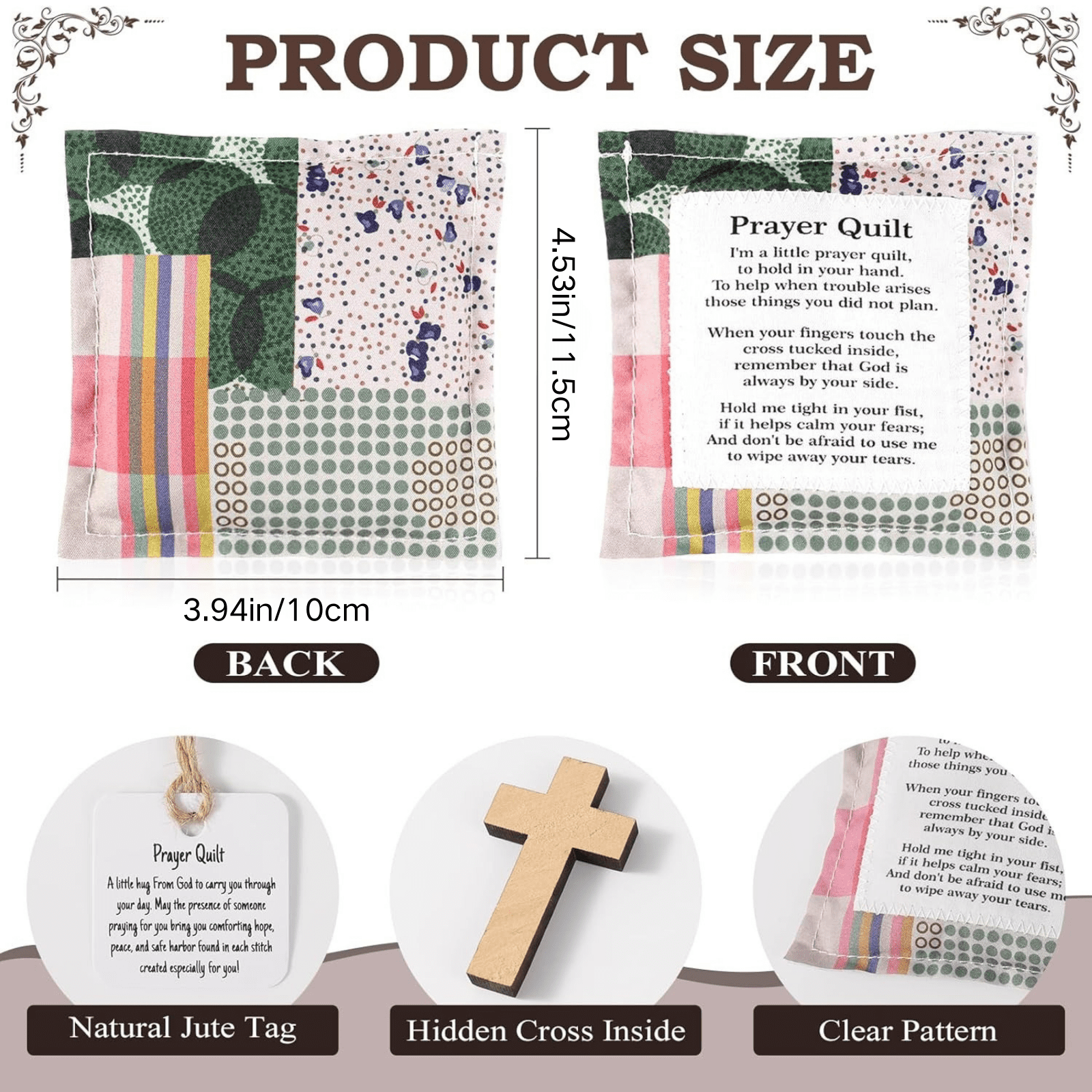 6 Pcs Mini Prayer Quilt with Cross Inside, Vintage Pocket Scripture Prayer Quilt Squares Sympathy/Encouragement Christian Gifts for Women Clergy Pastor Appreciation