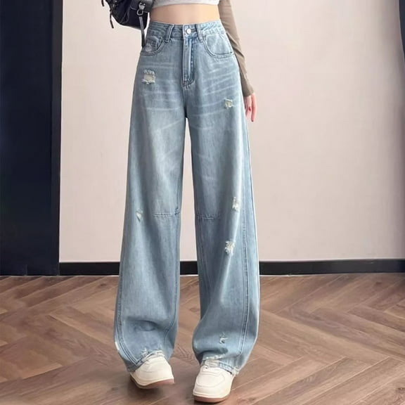 QIUOMBBP Women's Plus Size Jeans High Waisted Distressed Denim Pants Casual Wide Leg Lounge Pants with Pockets, Blue, XXL