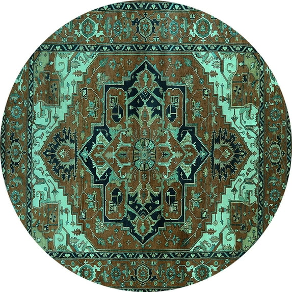 Ahgly Company Machine Washable Indoor Round Persian Turquoise Blue Traditional Area Rugs, 6' Round