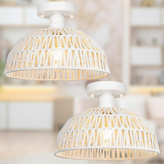 Rattan Ceiling Light Fixtures 2 Packs-White Rustic Woven Basket Flush Mount Ceiling Light, Handmade Wicker Ceiling Lamp, Rattan Chandelier For Kitchen Island, Hallway, Living Room, Bedroom, E26 Base