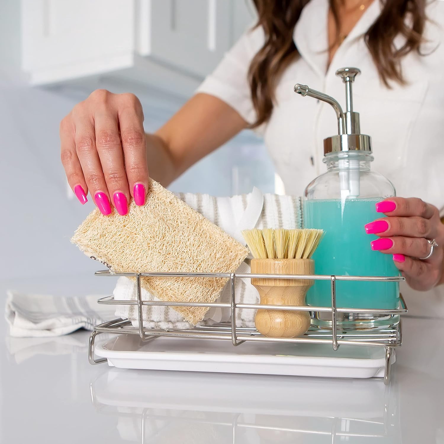 Stainless Steel Kitchen Sink Caddy Organizer – Rust-Resistant Sponge & Soap Holder with Removable Drip Tray – Countertop Sink Storage for Sponges, Brushes & Soap – Durable Kitchen Cleaning Accessory