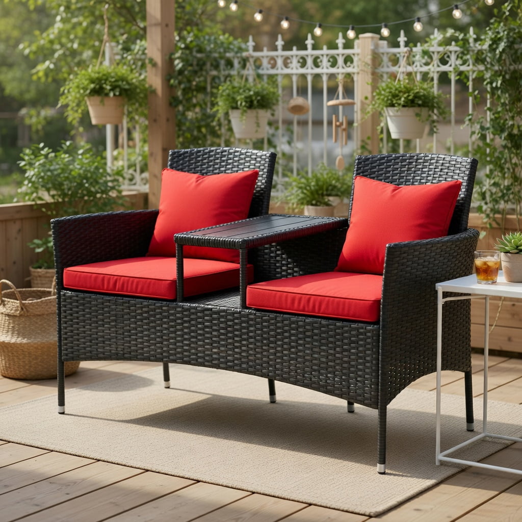 Resenkos 3 Piece Patio Conversation Bistro Set with Seat, Balcony Furniture Outdoor Rattan Patio Conversation Set with Built-in Coffee Table and Cushions for Garden Porch Yard, Red