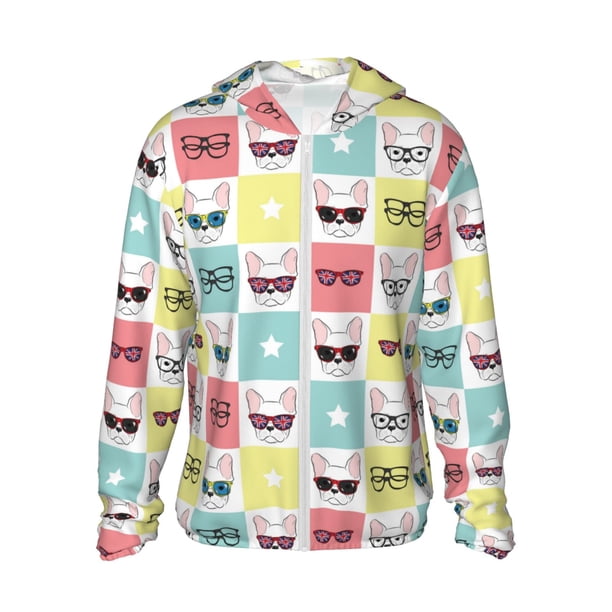 Fotbe Cute French Bulldog Chaqueta con Protección Solar UPF 50+ para Hombre y Mujer, Camisa con Capucha y Bolsillos-Small