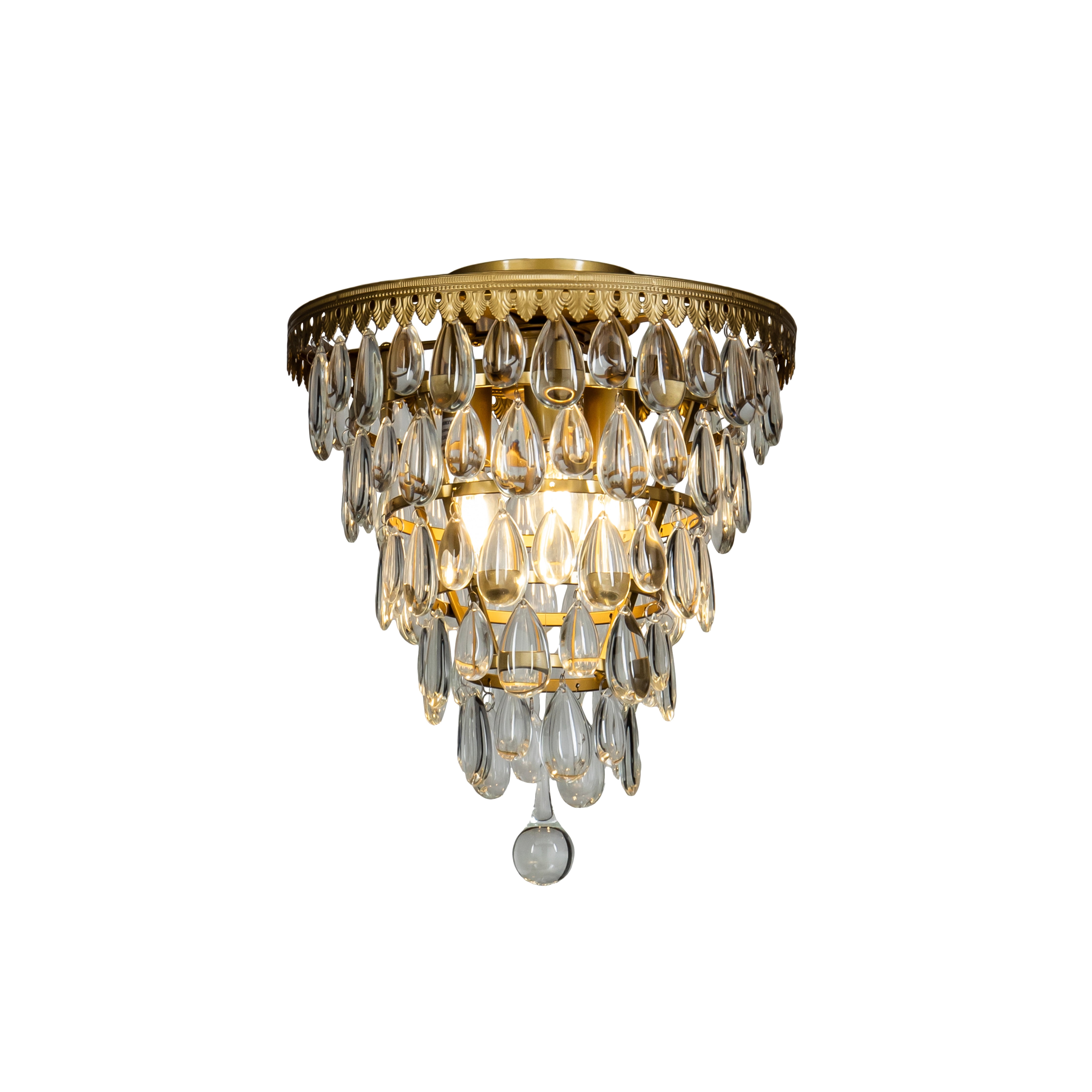 3-Lights Antique Brass Teardrop Flush mount ceiling light with clear bumpy glass