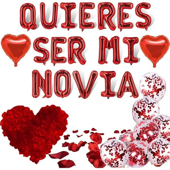 QUIERES SER MI NOVIA Balloons - 16 Inch Foil Mylar Letter Balloon with 500pcs Red Artificial Rose Petals 2pcs 18 Inch Heart Balloons for Anniversary Day Proposal Decorations