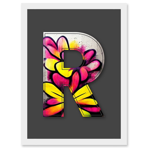 Letter R Yellow Pink Flower Decorative Graffiti Mural Alphabet Initial Stencil Artwork Framed Wall Art Print A4