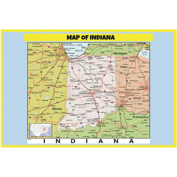 Map of Indiana Style C - Laminated Wall Map Poster Print Perfect for Classrooms and Homes - Vivid Imagery with Bright Colors - 18x24