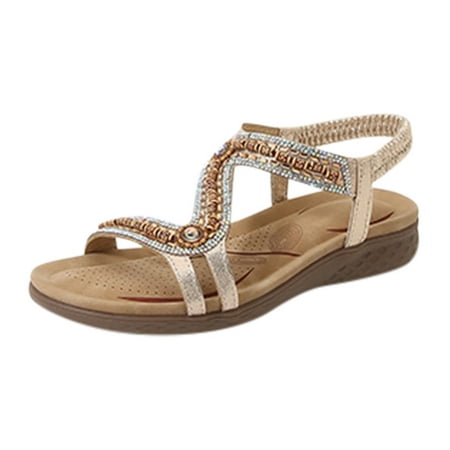 

GNEIKDEING Flats Shoes Women Sandals Comfort With Elastic Ankle Strap Casual Bohemian Beach Shoes Slip On Rhinestone Sandals Women Flats Open Toe Gift on Clearance