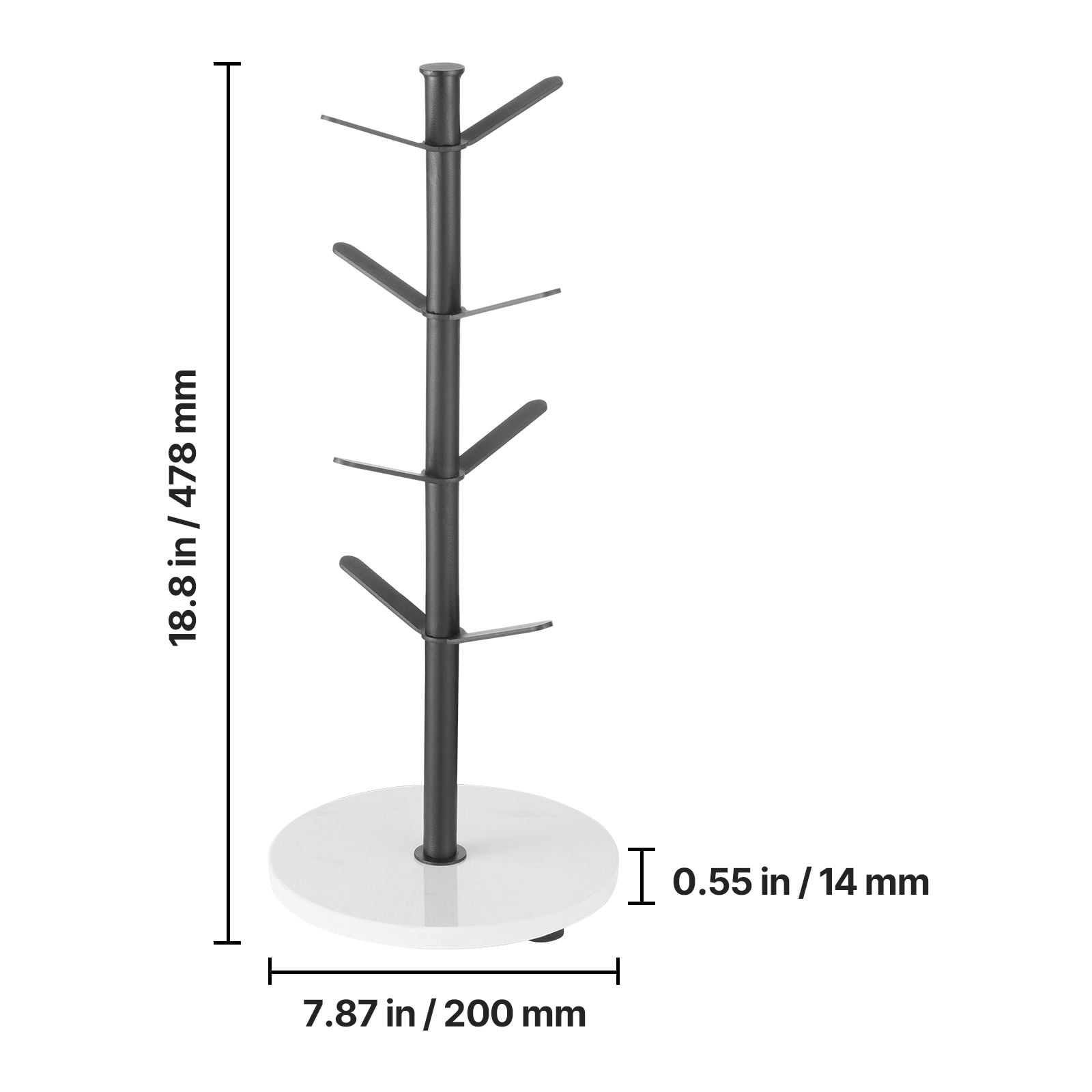 Mug Tree Holder 8 Mugs Capacity Marble Base Carbon Steel for Kitchen Office Coffee Mug Display