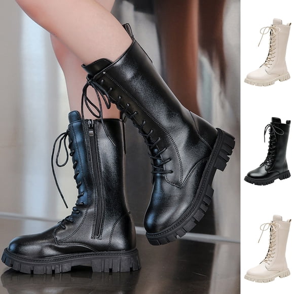 Pandaie Girls Lace Up Riding Boots Kids Leather Mid Calf Combat Booties Punk Platform Cowboy Tall Boots Black 2.5