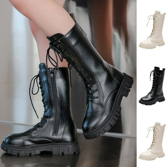 Pandaie Girls Lace Up Riding Boots Kids Leather Mid Calf Combat Booties Punk Platform Cowboy Tall Boots Black 10