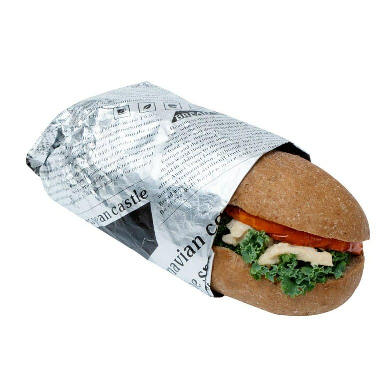 Restaurantware Foil Lux 12 x 12 inch Sandwich Wraps, 500 Insulated Food Basket Liners - Greaseproof, Disposable, Newsprint Aluminum Deli Wraps, Pre
