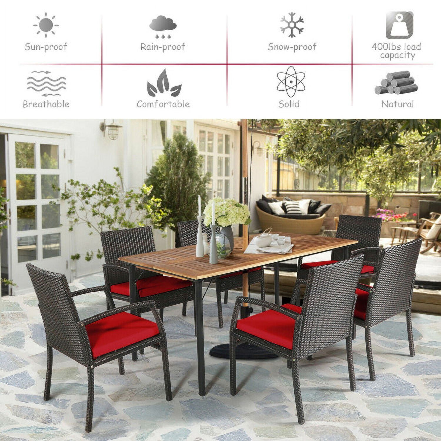 Aimee Lii 7Pcs Patio Rattan Cushioned Dining Set with Umbrella Hole, Outdoor Patio Furniture, Red Aimee Lii 7Pcs Patio Rattan Cushioned Dining Set with Umbrella Hole, Outdoor Patio Furniture, Red