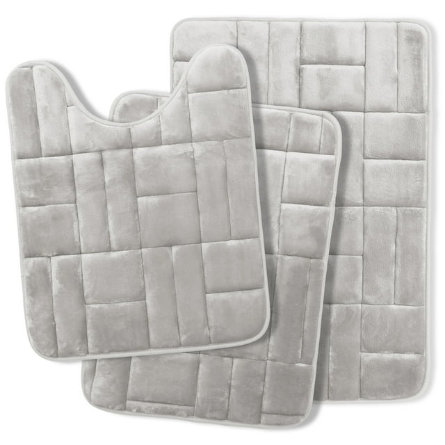 Clara Clark Bathroom Rugs, Velvet Memory Foam Bath Mat, Ultra Soft Non Slip and Absorbent - Tiled - Set Small, Large & Contour - Silver