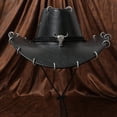 thumbnail image 3 of Slccxzc Classic Cowboy Hat PU Leather Jazz Hat Wide Brim Western Cowgirl Hat with Bullhead Badge for Outdoor, 3 of 7
