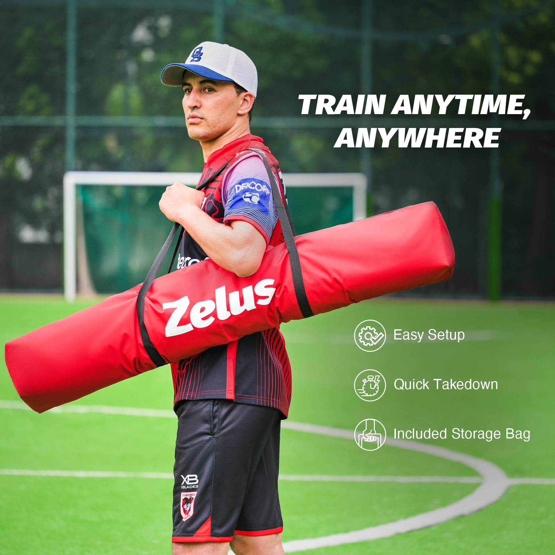 7x7ft Football Throwing Net with 5 Targets - Quarterback Training Gear for All Ages, Includes Carry Bag & Stakes, Red