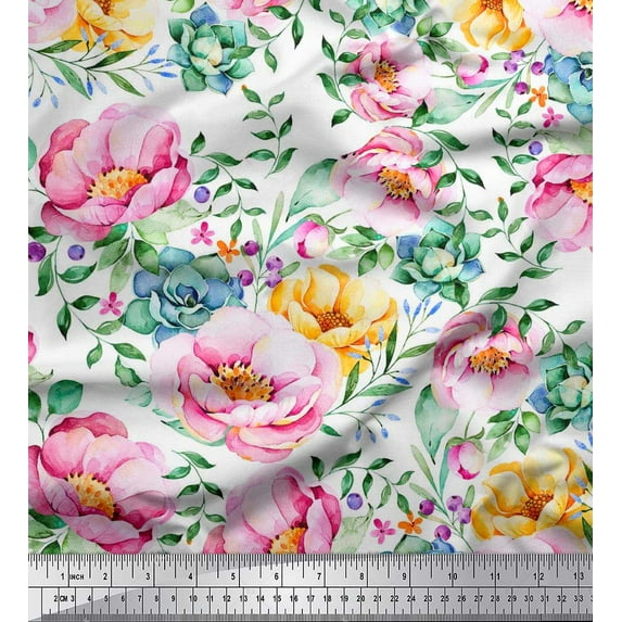 Soimoi White Cotton Jersey Fabric Leaves & Floral Print Fabric by Yard 58 Inch Wide