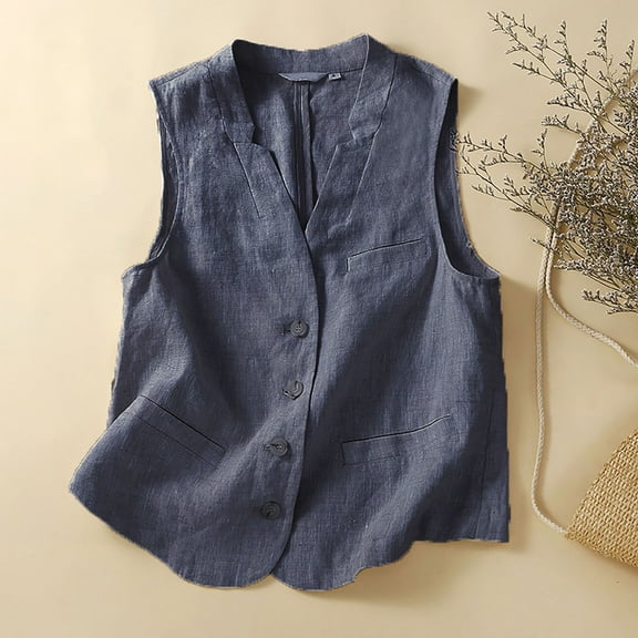 Autumn Cotton And Linen Loose Casual Vest With Pocket, Blue M, Size M-2XL