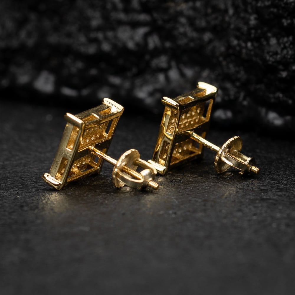 Square Flat Screen Micro Pave Hip Hop 10mm Yellow Gold 925 Sterling Silver Men's Screw Back Stud Earrings