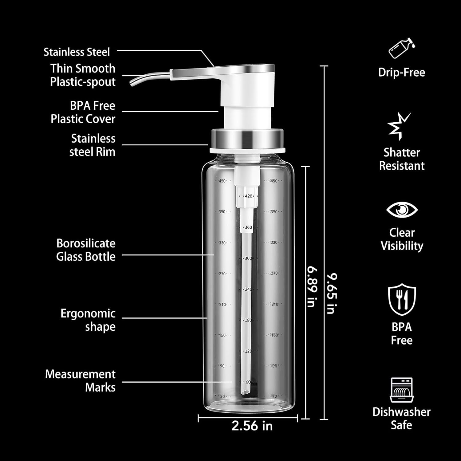 SONGAUN Sauce Pump Dispensers, Coffee Syrup Dispenser, 2 x 500ml Glass Bottle with Stainless Steel Pumps, Leak-Proof, Food Grade Pumps for Honey, Syrups, Oil, Condiments, Salad Dressings (2 X)