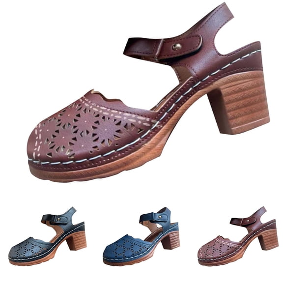 THDHVS Brown Sandals Women,Casual Shoes for Women,Women Closed Toe Slide Sandals with Cutouts and Chunky Heel Brown