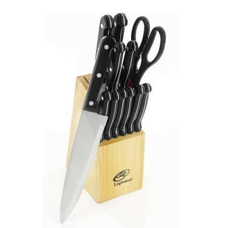 Lightahead® Lightahead Stainless Steel 13pcs Kitchen Knife Set with Rubber Wood Block - Chef knife, Bread knife, Carving knife, Utility knife, Paring knife & 6 pcs Steak knife, (Best Beginner Knife Set)