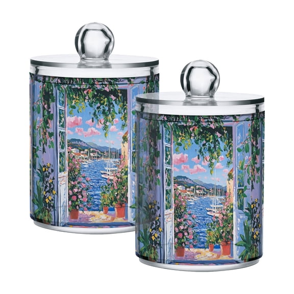 Yayeee 2 Pack Qtip Holder Bathroom Cotton Swab Canister with Lid Clear Dispenser Set, Blue Floral Window