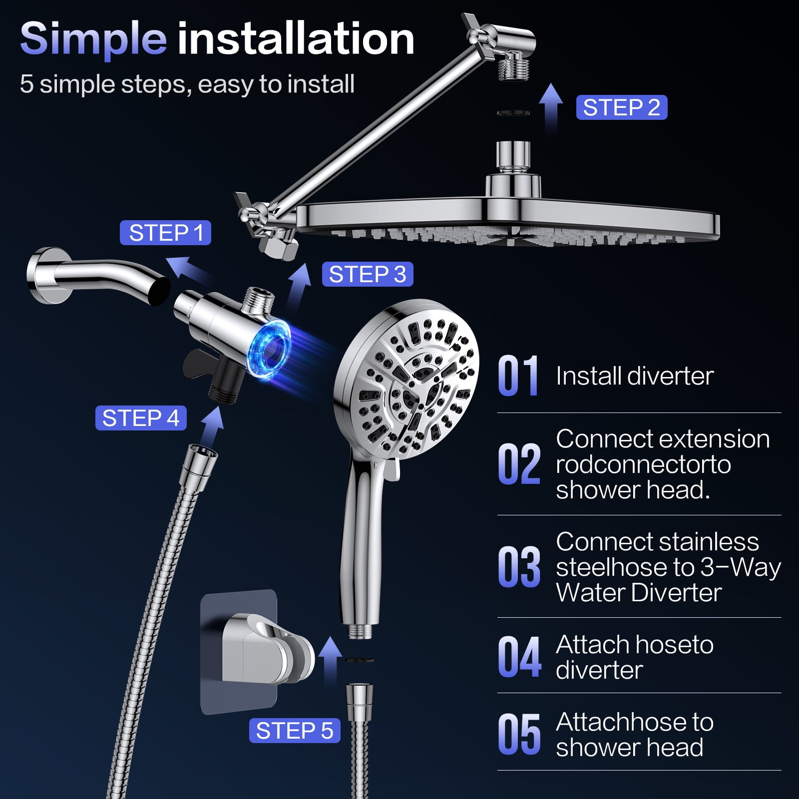 Scootworks 12 Inch High Pressure Rain Shower Head Combo with Adjustable Extension Arm, 10 Mode Detachable Handheld Shower Head with Hose 59 inch Stainless Steel and Adjustable Bracket