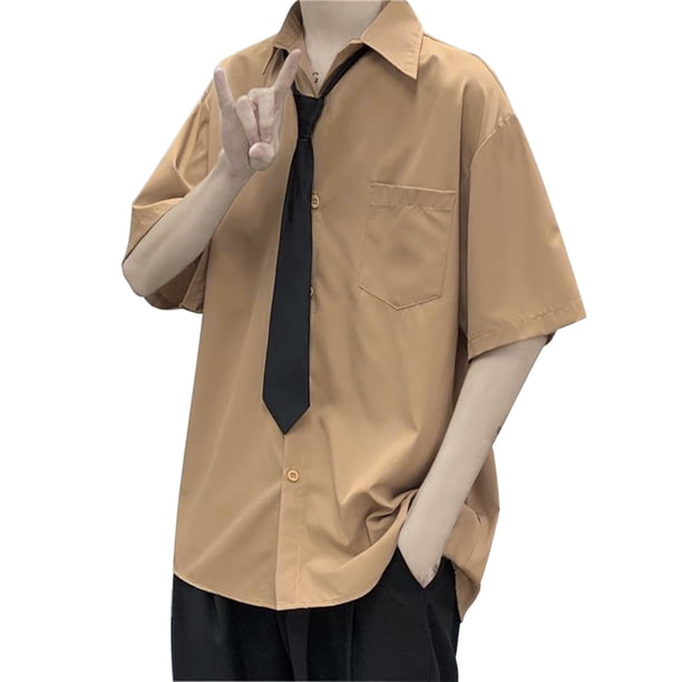 Camisas Para Hombre Manga Larga Camisa de manga corta de estilo delgado de estilo universitario suelto de moda de verano para hombre (correa) (Khaki, 3XL)