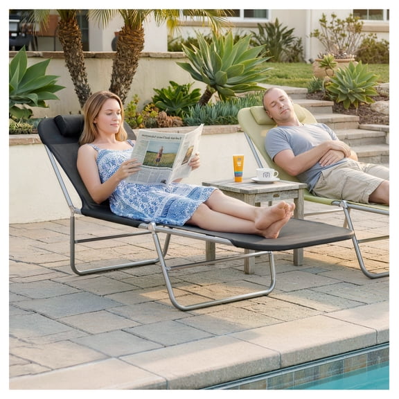 Folding Chaise Lounge Chair, Outdoor Sun Tanning Chair with Pillow, Reclining Back, Steel Frame, Breathable Mesh for Beach, Patio - Black