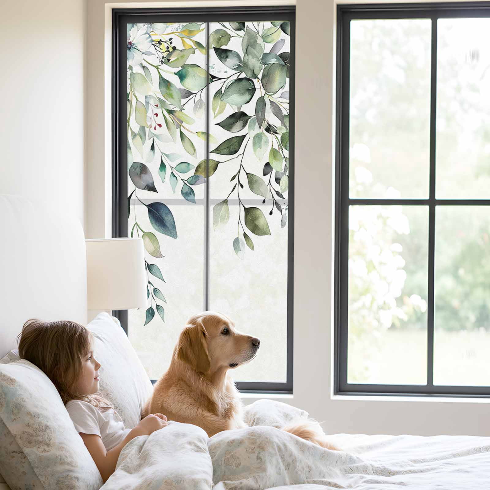 Eucalyptus Leaves Window Privacy Film, Watercolor Weeping Teal Botanical Static Cling UV Sun Blocking Tint Film Heat Control Windows Films for Bedroom Bathroom, Window Stickers 23.6"x59"