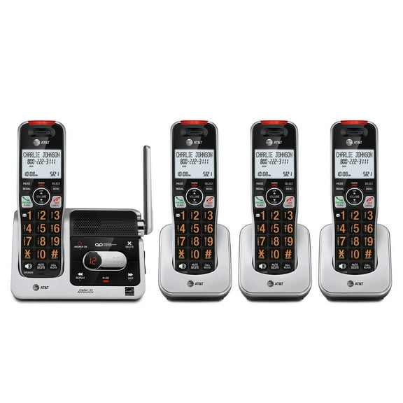 AT&T BL DECT 6.0 4-Handset Cordless Phone for Home with Answering Machine, Blocking, Caller ID Announcer, Audio Assist, Intercom, and Unsurpassed Range, Silver/Black 4 Handset Phone