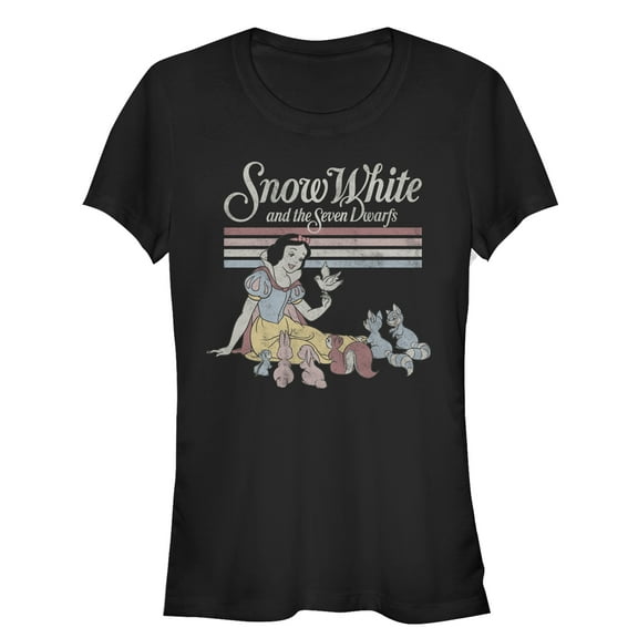 Junior's Snow White and the Seven Dwarfs Retro Stripe Graphic Tee Black Medium