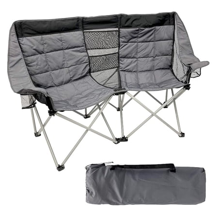 Camping Chair - Double Love Seat Heavy Duty Oversized - Folds Easily and is Padded, Black Grey