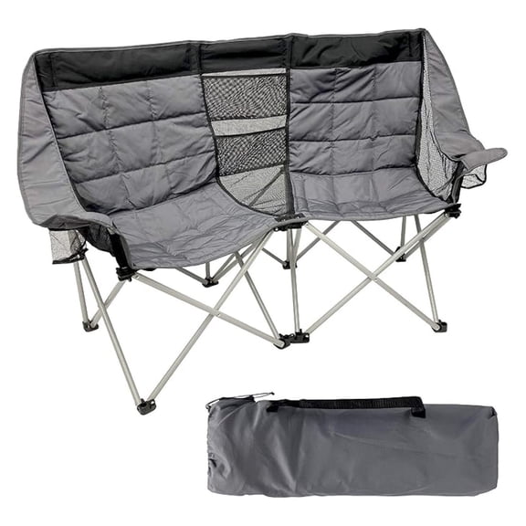 Camping Chair - Double Love Seat Heavy Duty Oversized - Folds Easily and is Padded, Black Grey