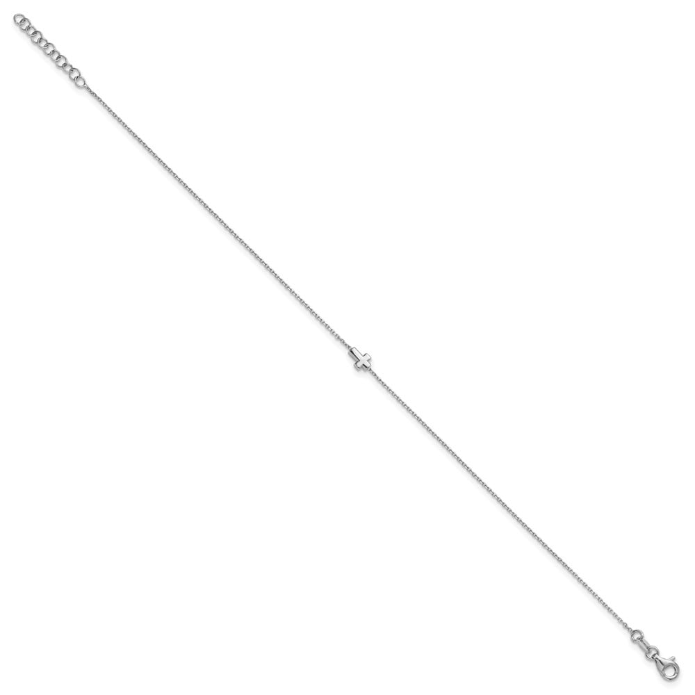 Sterling Silver Rhodium-plated Cross 9 inch with 1 inch Extension Anklet