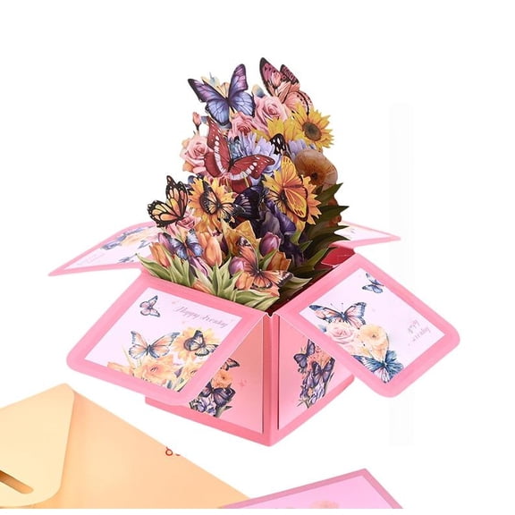 3D Pop Up Butterfly Birthday Box Cards Handmade Flowers Pop Up Bouquet Card , 3D Bling Birthday Card, Greeting Gift Card for Female, Mom, Wife, Sister, Daughter in Law
