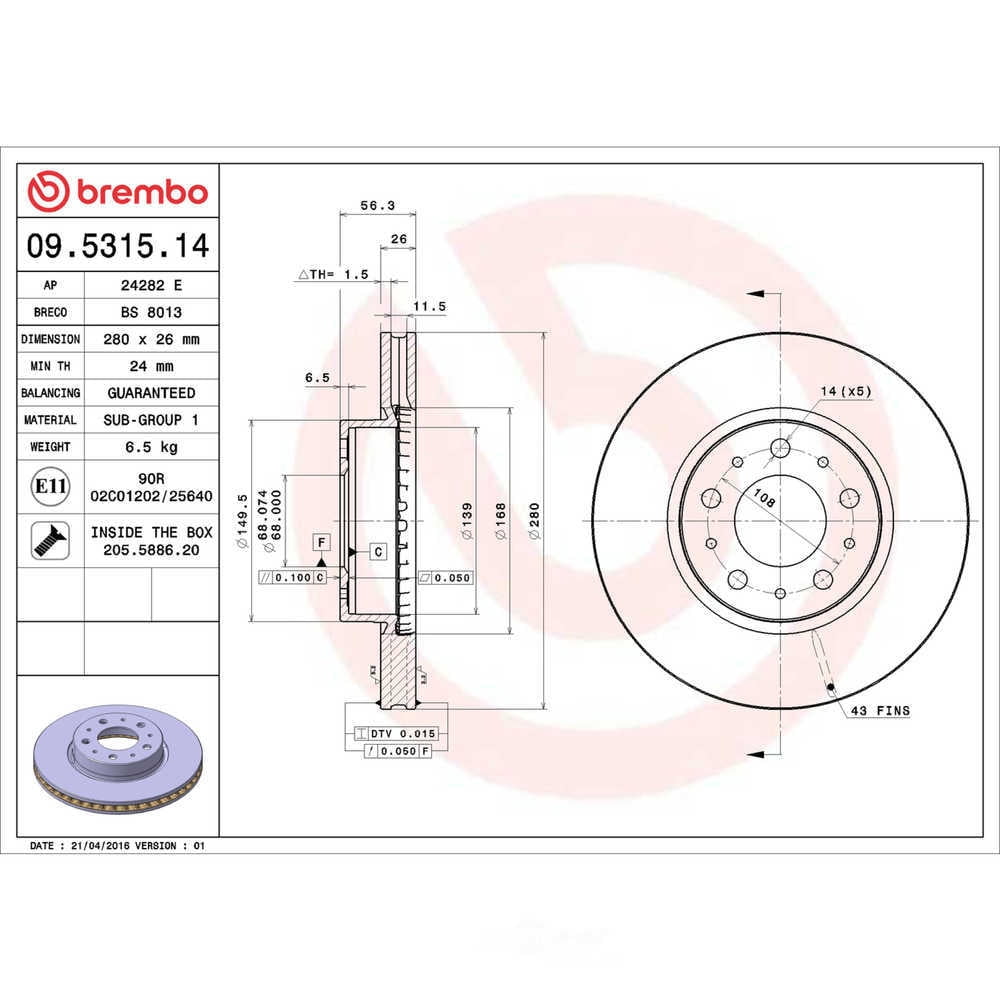 Brembo 09.5315.14 Premium Front Brake Rotor