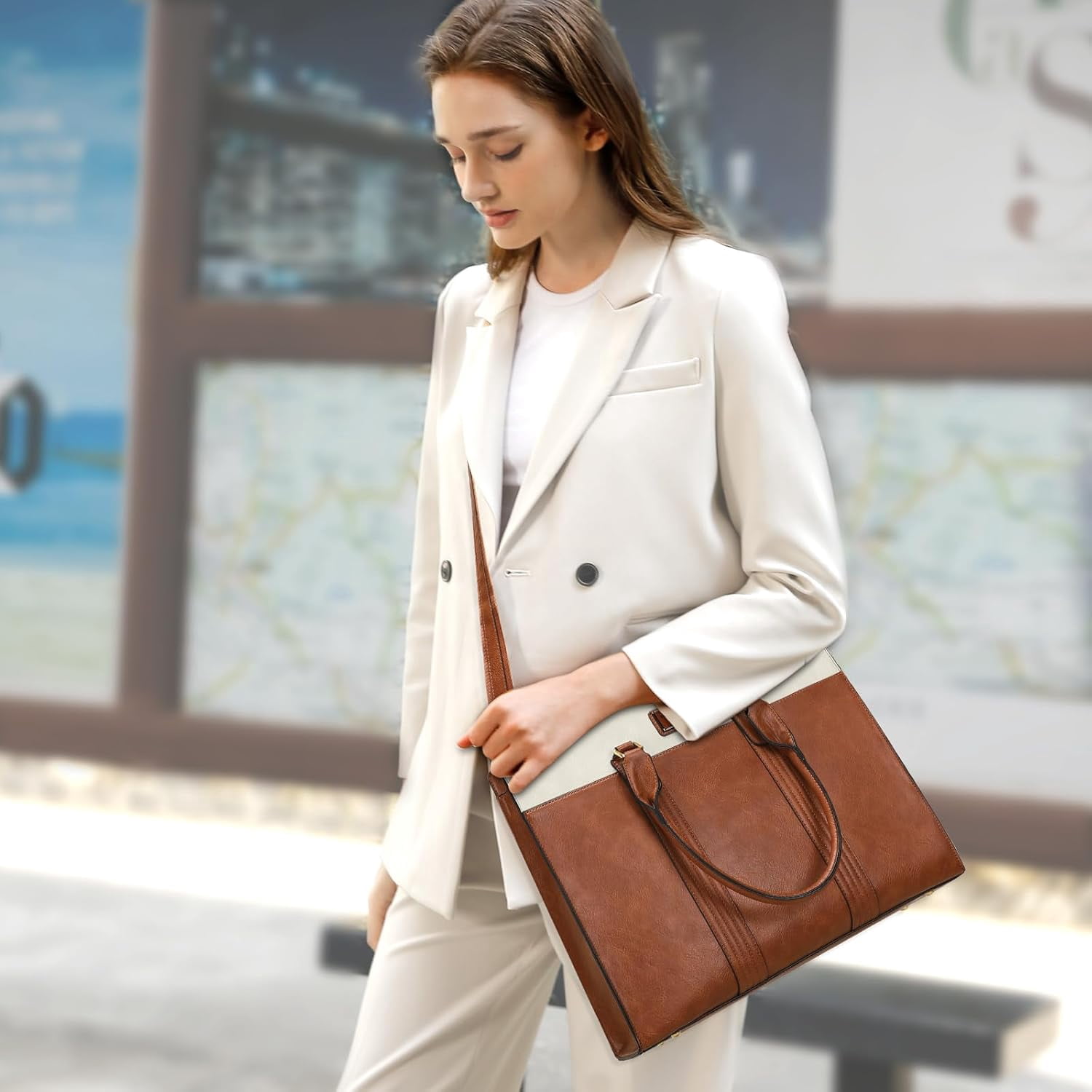 MOSISO PU Leather Laptop Bag for Women Tote Bag for 15.6 Laptop Messenger Briefcase for Travel Office