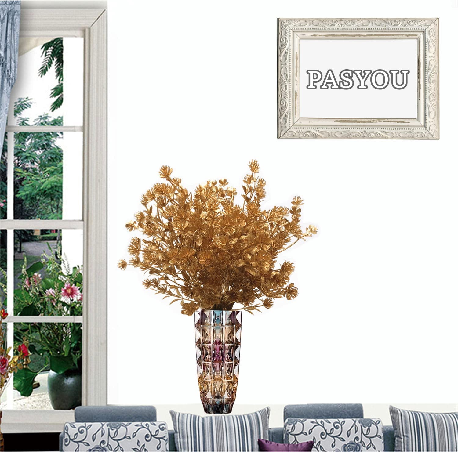 Morttic Artificial Golden Baby Breath Flowers, Plastic Fake Gypsophila Flower for Indoor Outdoor Christmas Wedding Home Party Table Arrangement Decoration DIY Planter Filler Gold Leaves Decor - 3 Pack