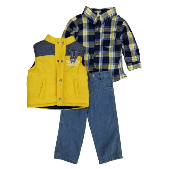 Infant Boys 3-Piece Outfit Varsity Div Champs Vest Plaid Woven Shirt & Jeans Set