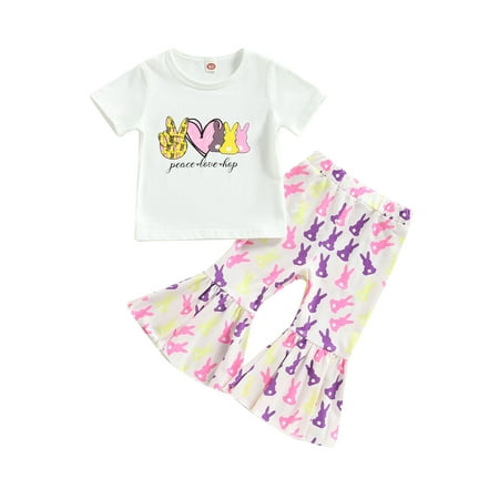 

Coduop Toddler Girls Easter Outfit Baby Kids Short Sleeve Rabbit Print T-shirt and Flare Pants Sets