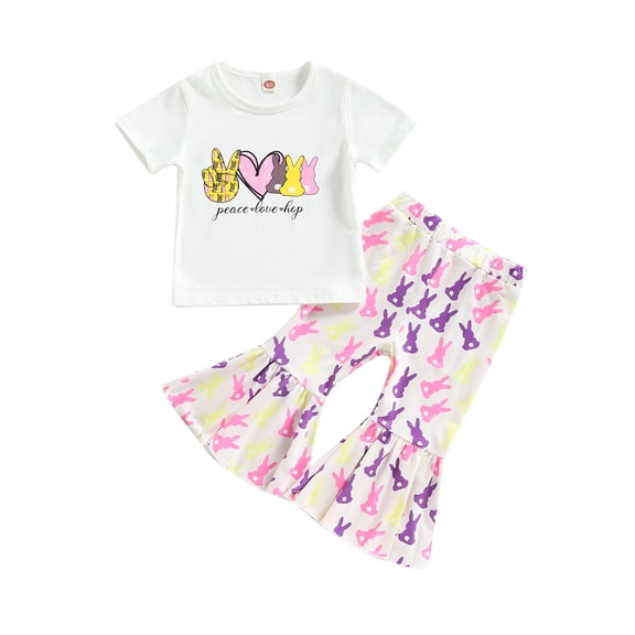Bagilaanoe 2pcs Toddler Baby Girl Long Pants Set Print Short Sleeve T-Shirt Tops Flare Trousers 6M 12M 18M 24M 3T 4T Kids Casual Easter Outfits