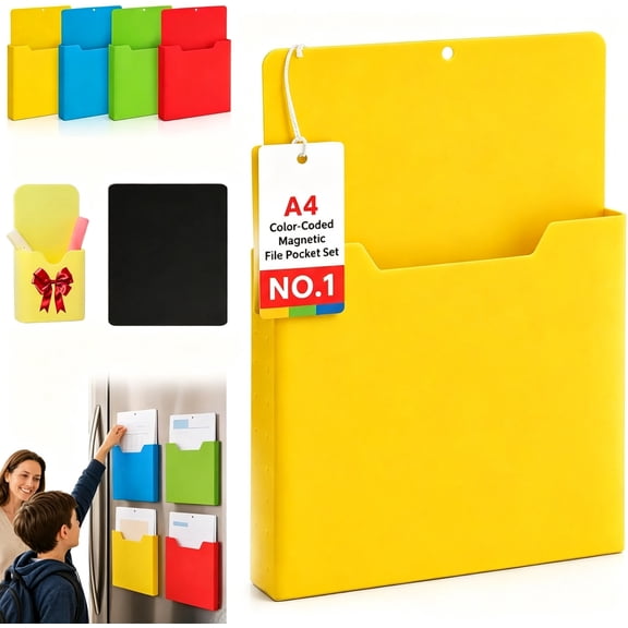 Magnetic File Holder for Fridge 1.18in Deep Yellow Strong Full-Back Magnet, No-Sliding Design, Fits A4 Documents, Hanging Holes, Yellow Pocket Set.